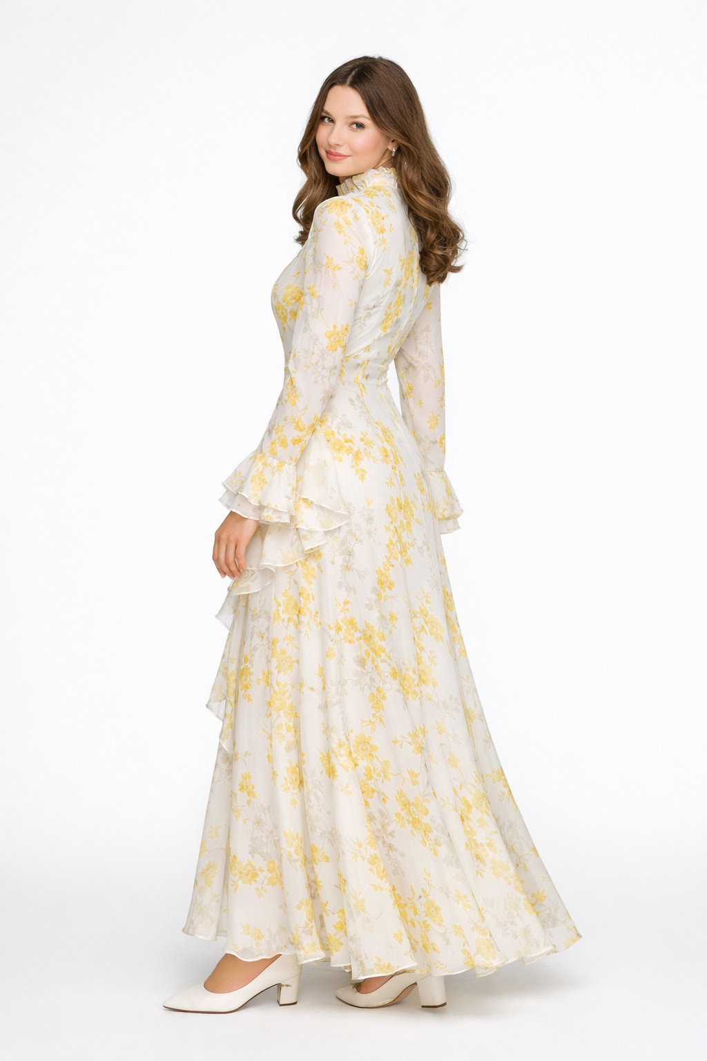 Elisabeth | Beige Oil-Painting Print Asymmetric Chiffon Maxi Dress with Roll Neck