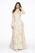 Elisabeth | Beige Oil-Painting Print Asymmetric Chiffon Maxi Dress with Roll Neck