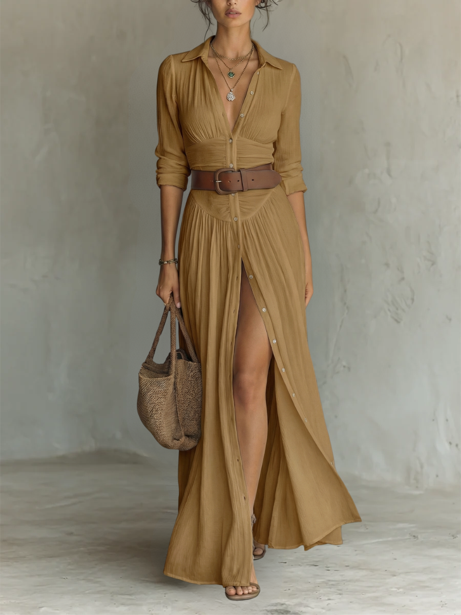 Vestido maxi largo con cuello de solapa y mangas largas