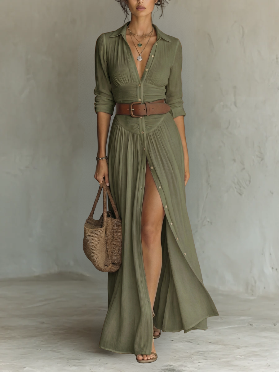 Vestido maxi largo con cuello de solapa y mangas largas