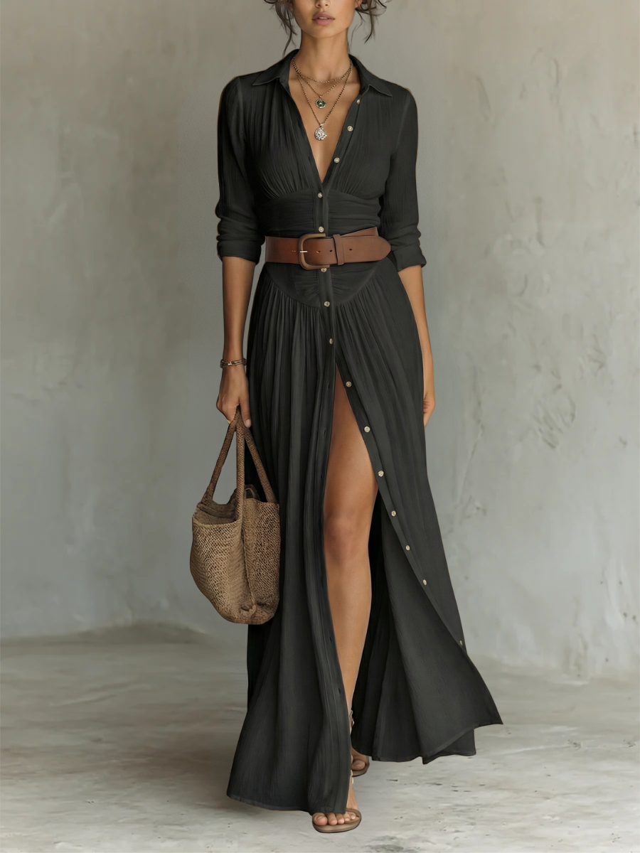 Vestido maxi largo con cuello de solapa y mangas largas