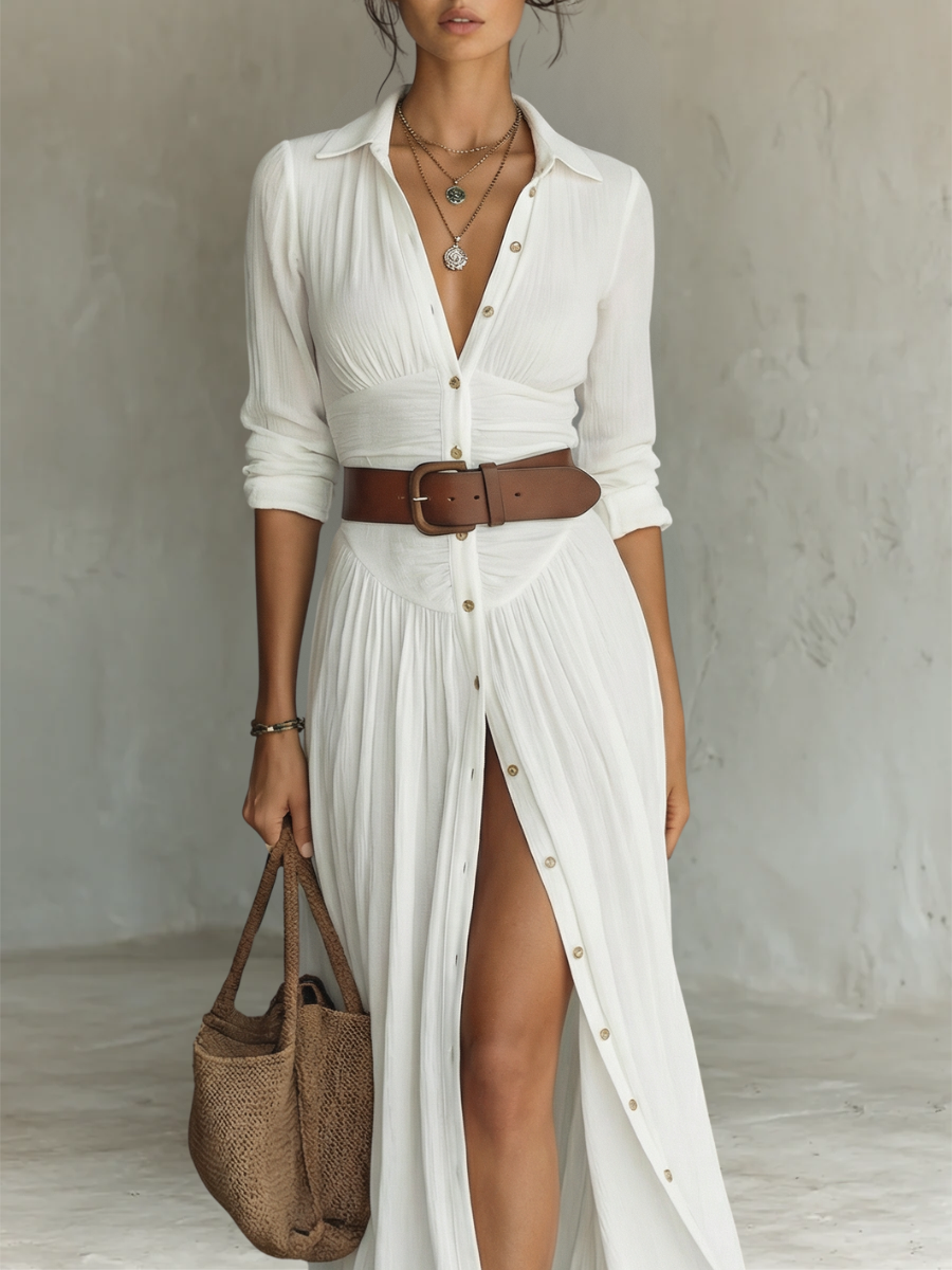 Vestido maxi largo con cuello de solapa y mangas largas