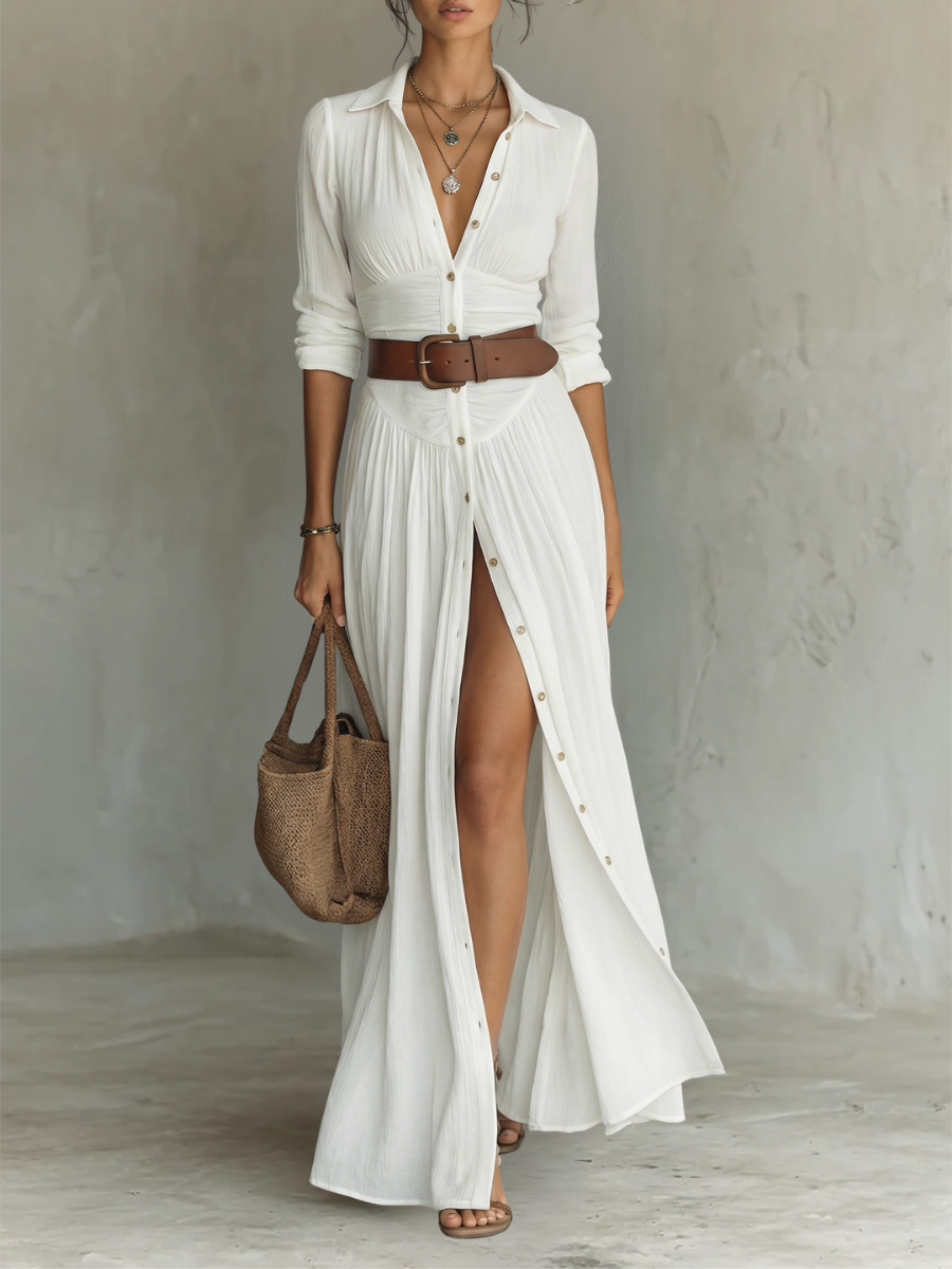 Vestido maxi largo con cuello de solapa y mangas largas