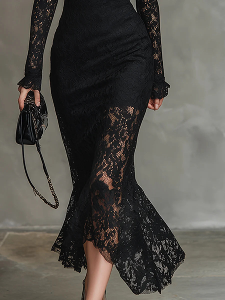 Gloria | Abito Lungo Pizzo Nero