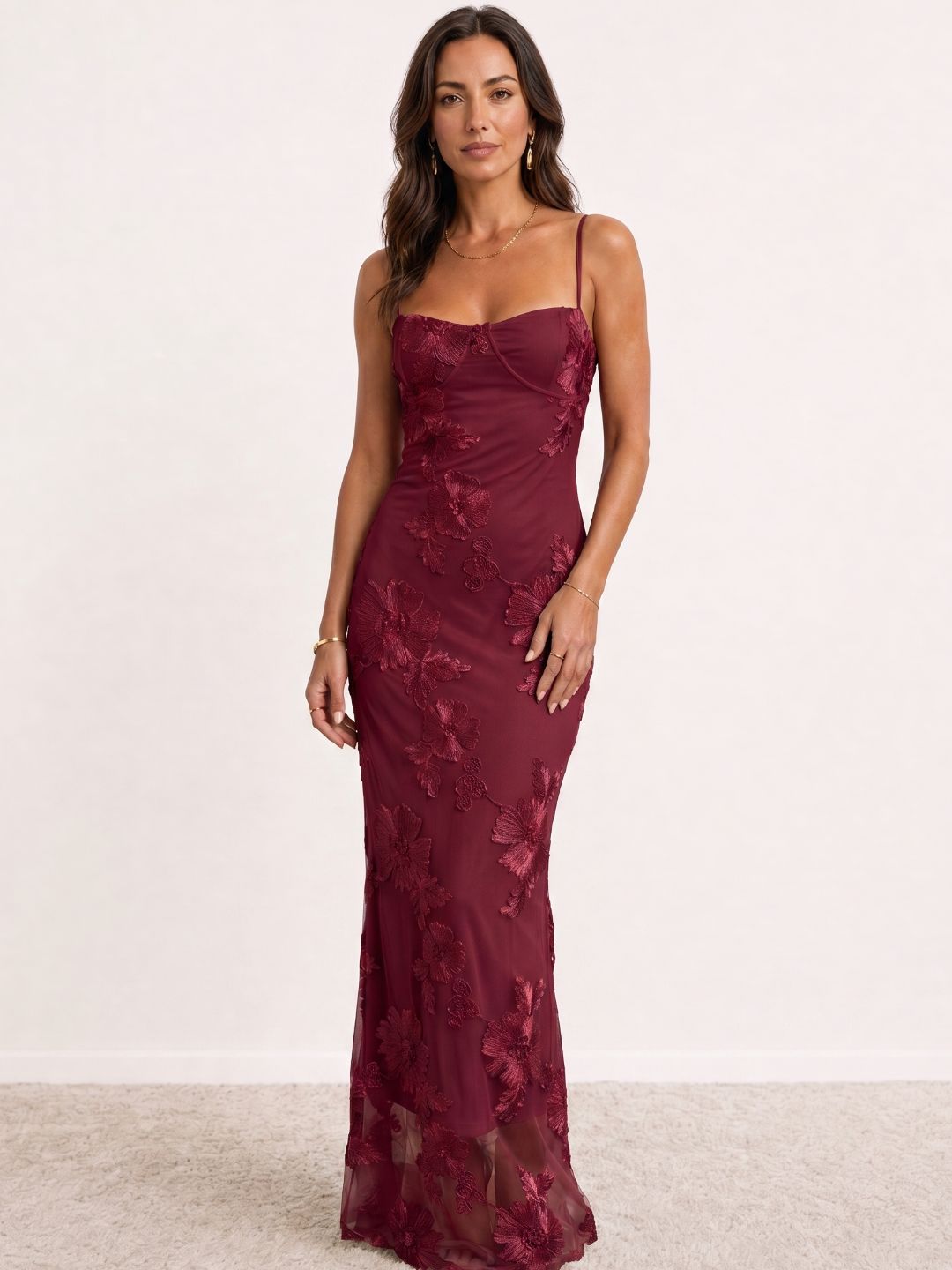 Long embroidered spaghetti-strap dress
