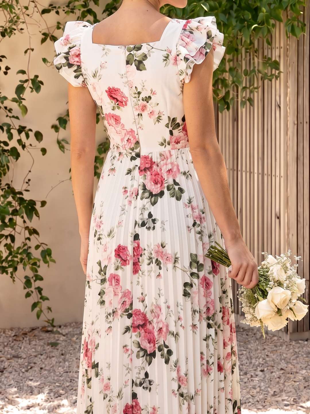 Pleated floral midi dress with ruffles