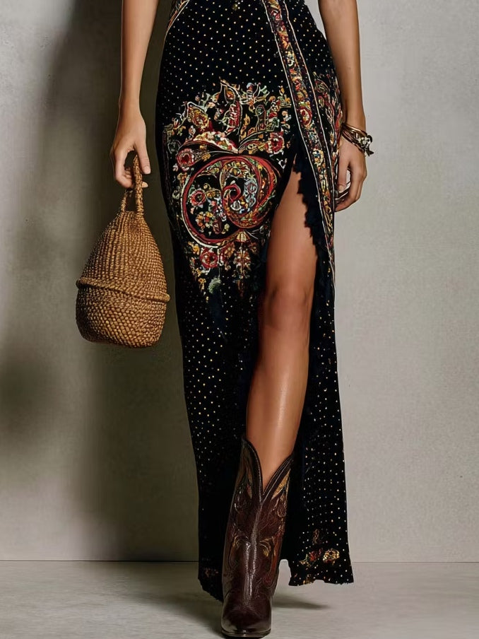 Victoire | Boho Print Dress with Plunging Neckline and High Split