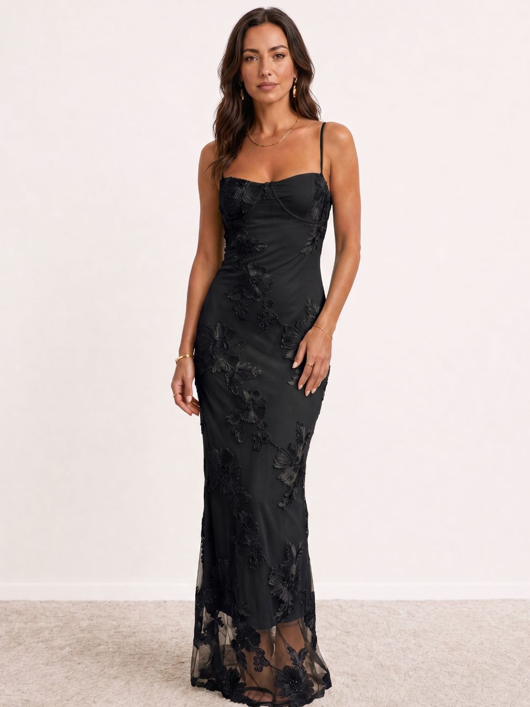 Long embroidered spaghetti-strap dress