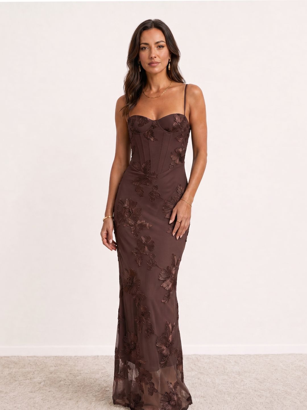 Long embroidered spaghetti-strap dress