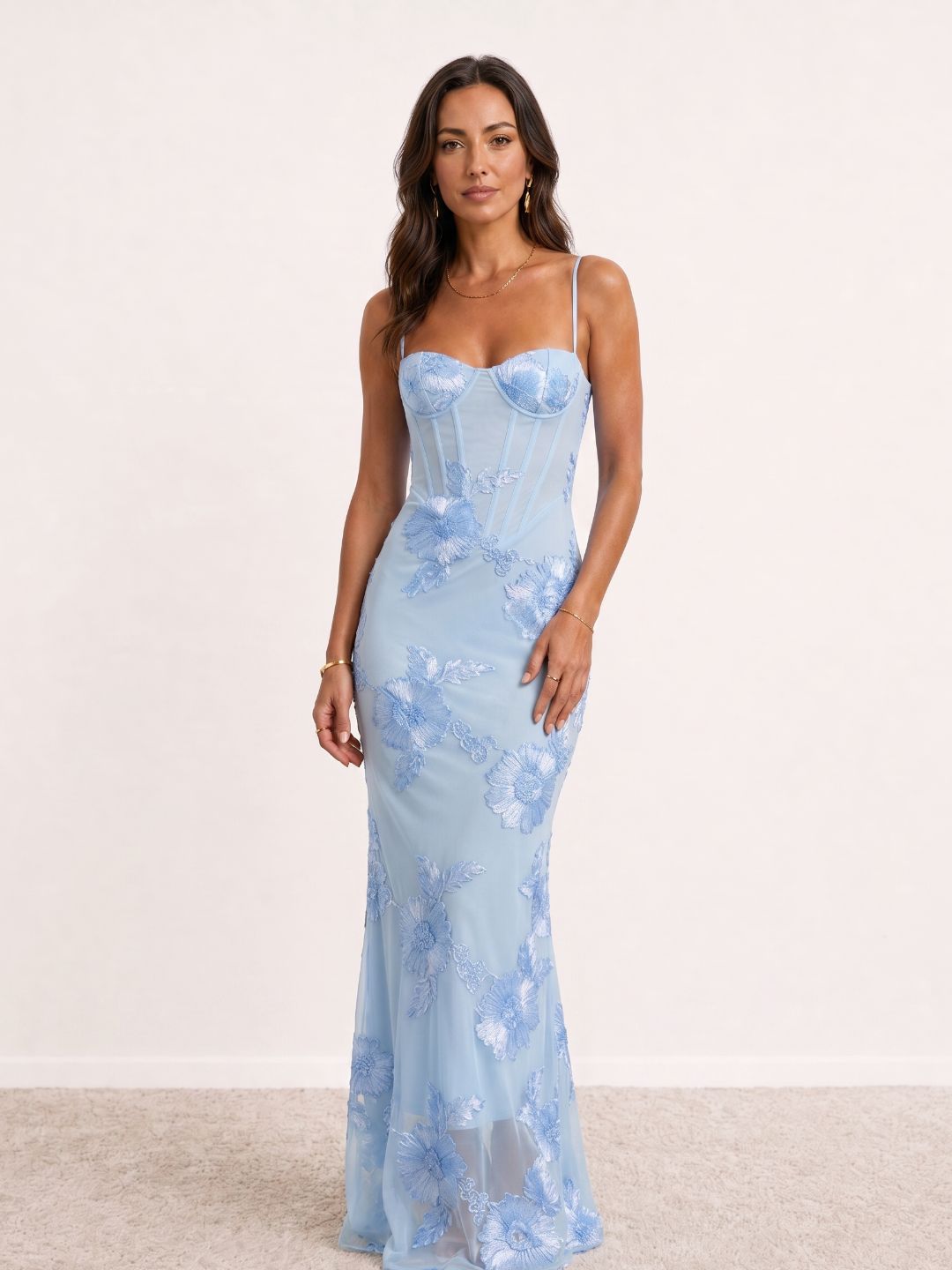 Long embroidered spaghetti-strap dress