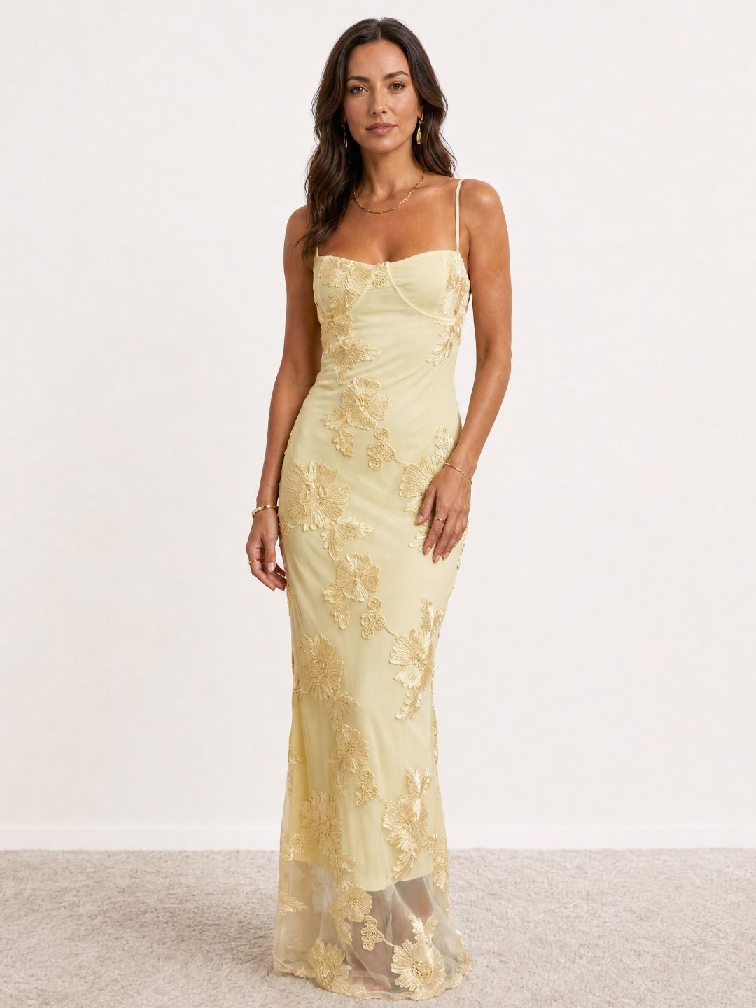 Long embroidered spaghetti-strap dress