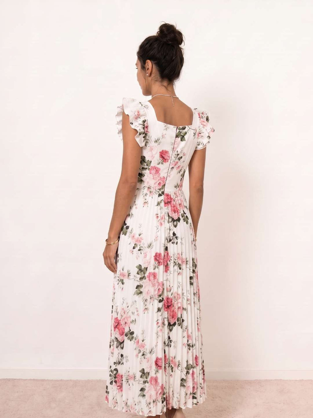 Pleated floral midi dress with ruffles