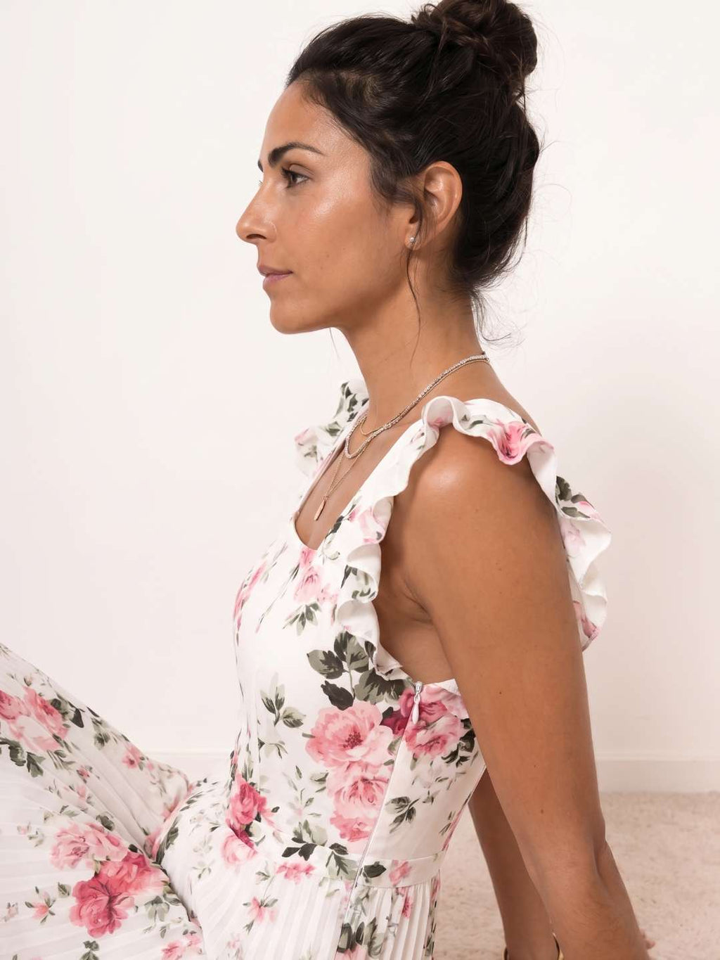 Pleated floral midi dress with ruffles