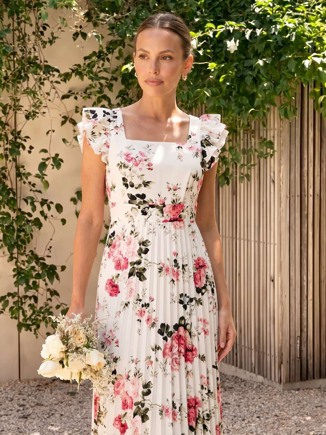 Pleated floral midi dress with ruffles