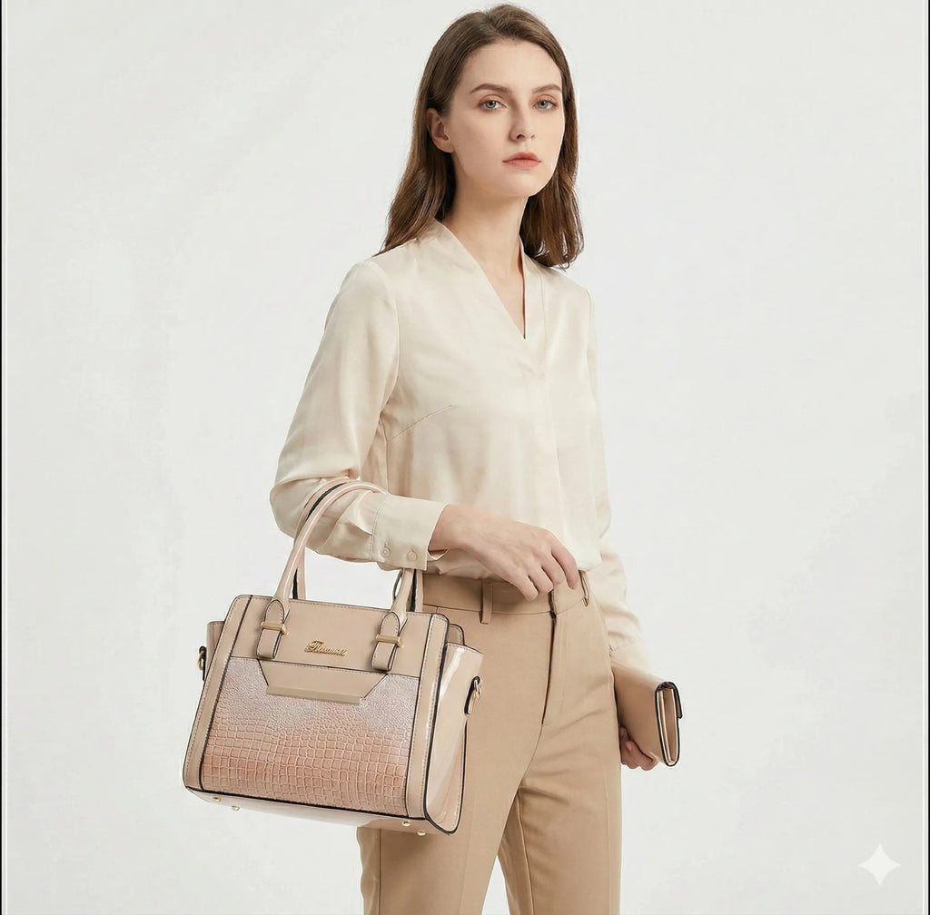 LEATHER BAG AND WALLET SET - CROC