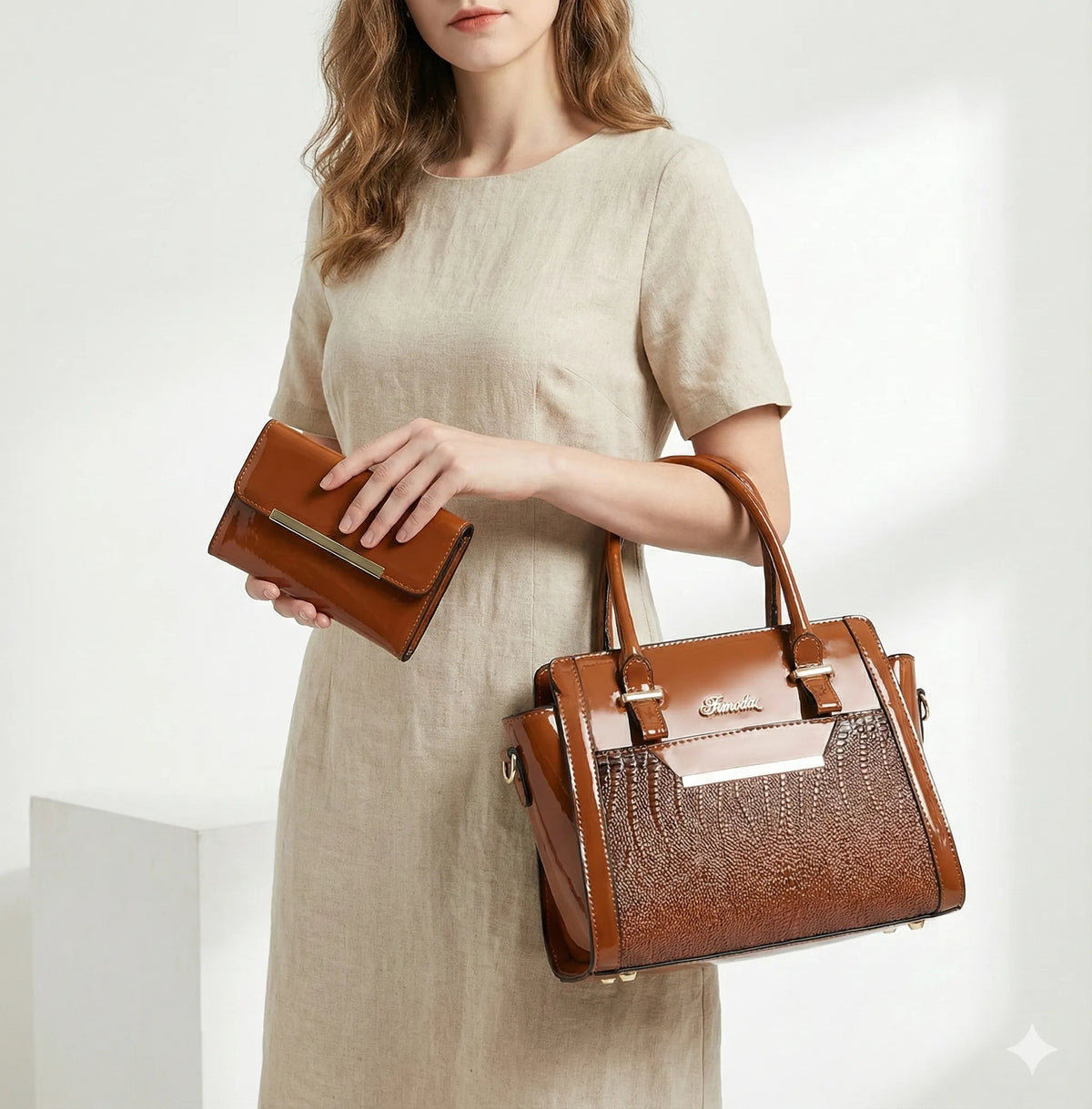 LEATHER BAG AND WALLET SET - CROC