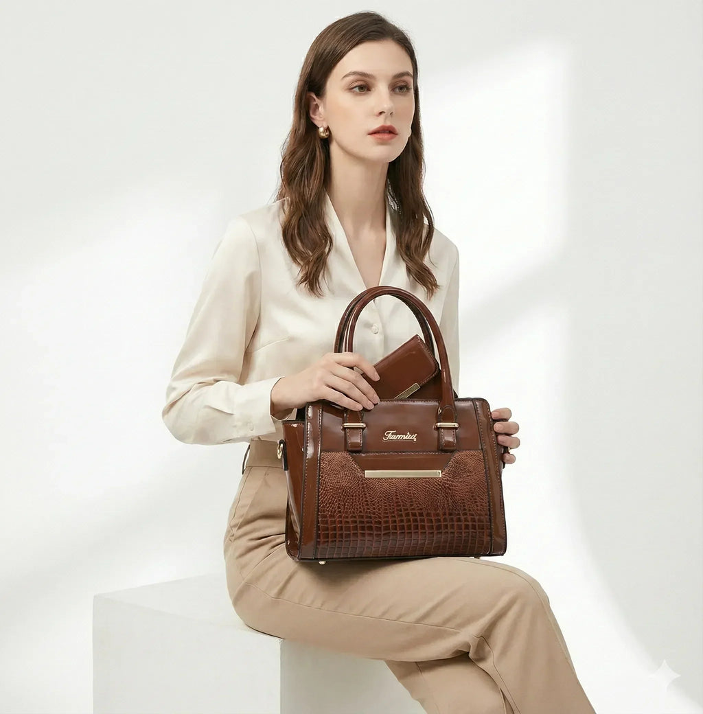 LEATHER BAG AND WALLET SET - CROC