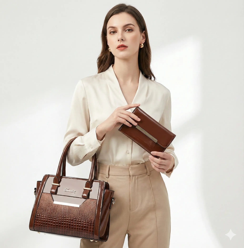 LEATHER BAG AND WALLET SET - CROC
