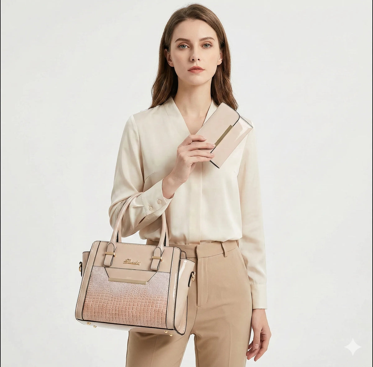 LEATHER BAG AND WALLET SET - CROC