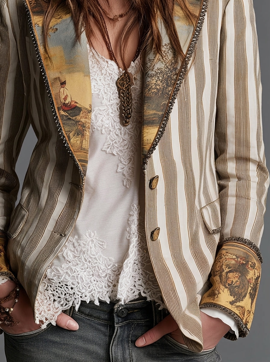 Sara - Blazer Boho a Righe con Collo Stampato