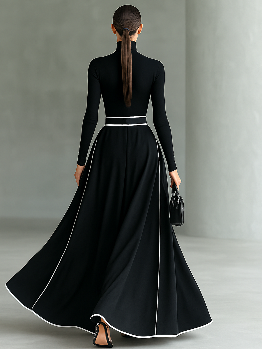 Nicoletta | Abito Maxi Donna Nero con Cuciture Bianche e Collo Alto, Maniche Lunghe, Vita Sottile