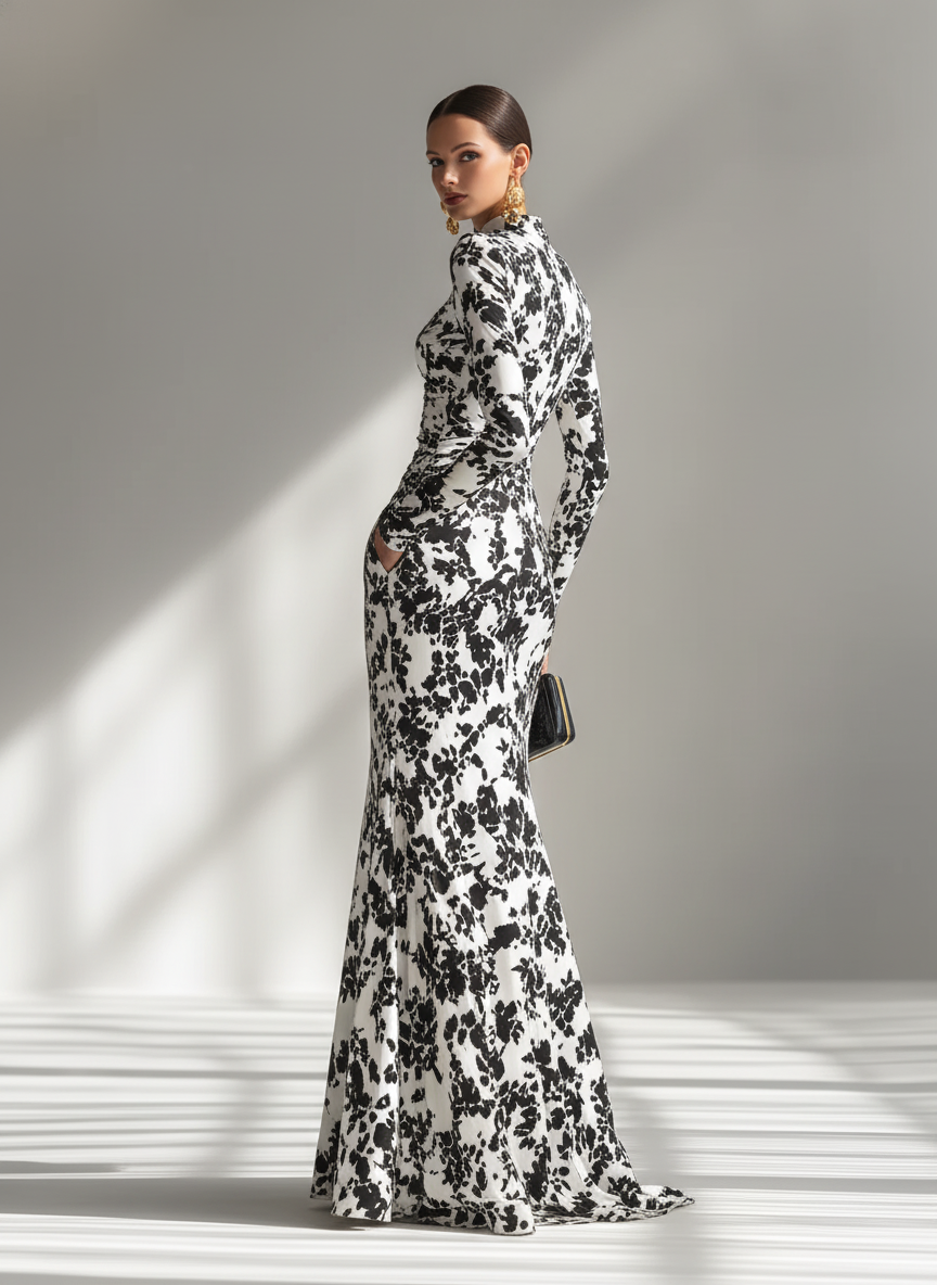 Vestito Maxi da Donna a Stampa Floreale Bianco e Nero con Collo Alto e Maniche Lunghe
