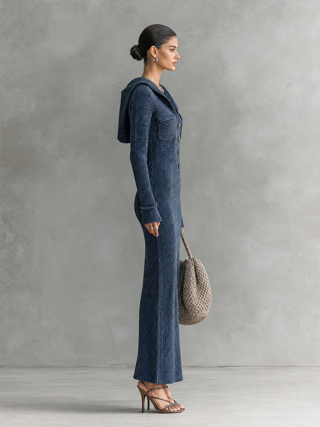 Abito Maxi in Maglia con Cappuccio e Taglio Aderente da Donna