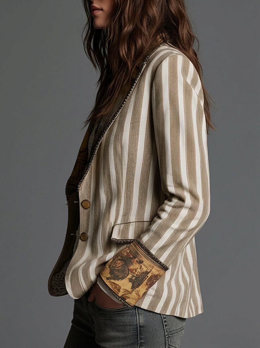 Sara - Blazer Boho a Righe con Collo Stampato