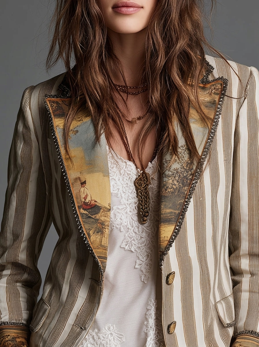 Sara - Blazer Boho a Righe con Collo Stampato