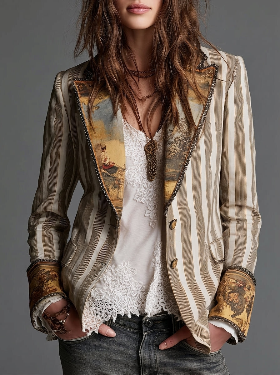 Sara - Blazer Boho a Righe con Collo Stampato