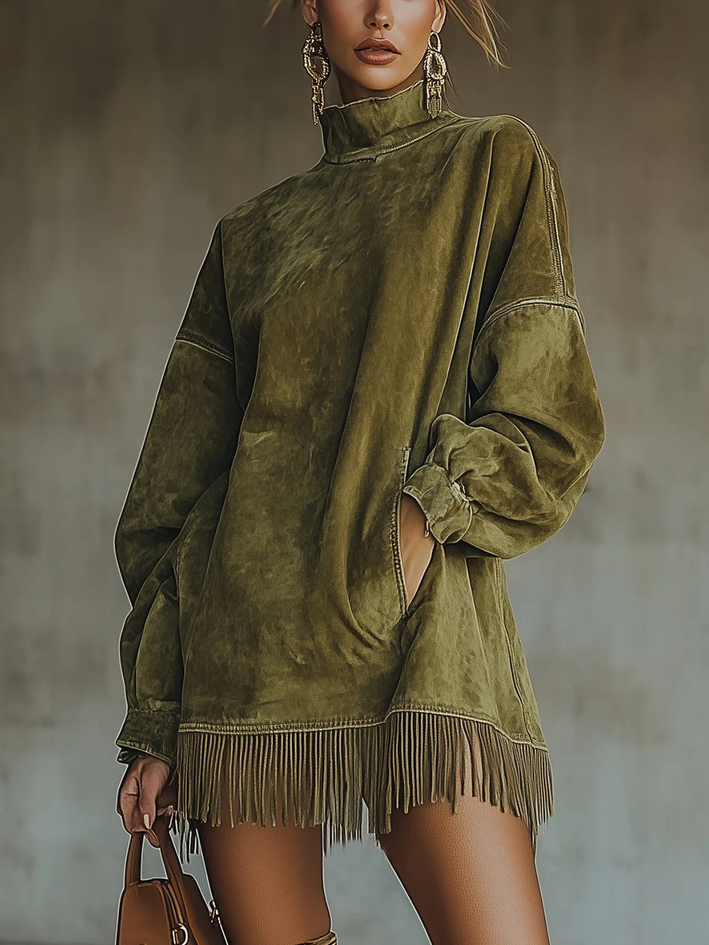Gabrielle | Faux-Suede High-Neck Fringe Dress