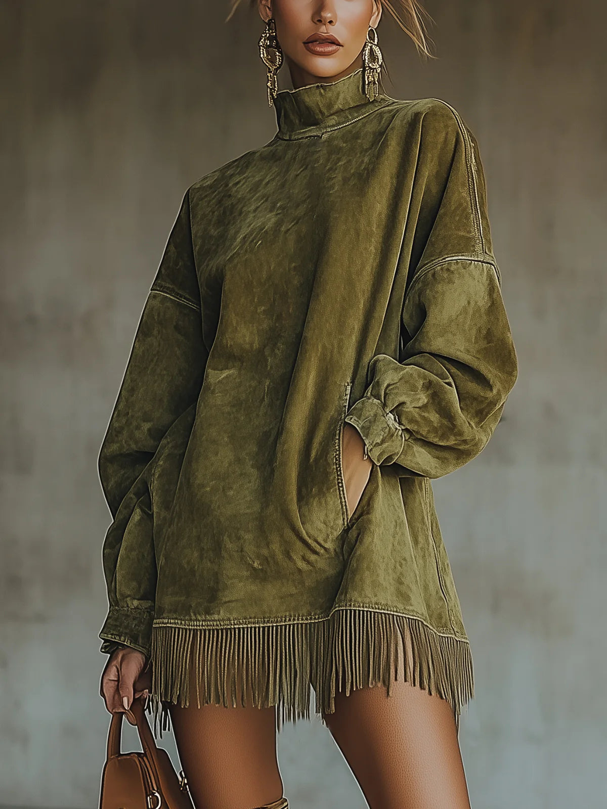 Gabrielle | Faux-Suede High-Neck Fringe Dress