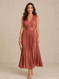 Pleated midi dress with a V-neckline