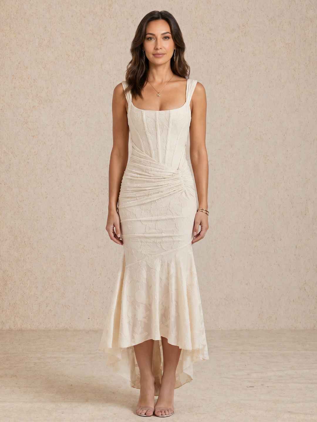 Draped midi dress with a square neckline