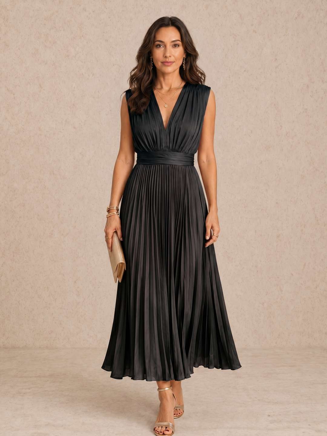 Pleated midi dress with a V-neckline