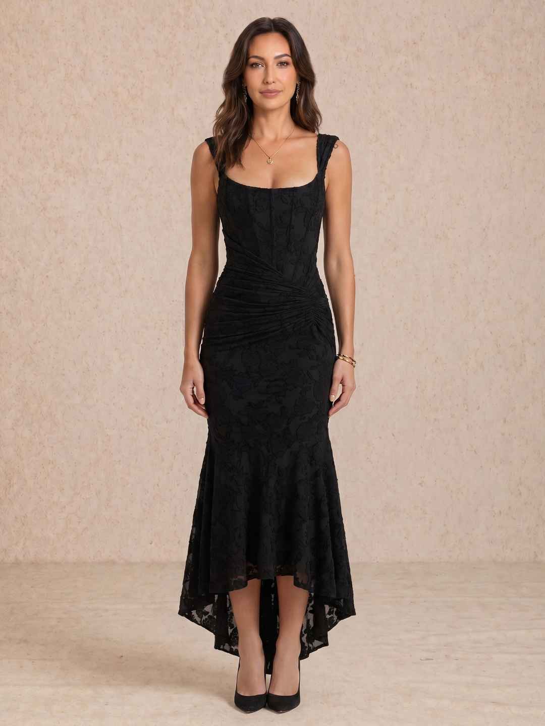 Draped midi dress with a square neckline
