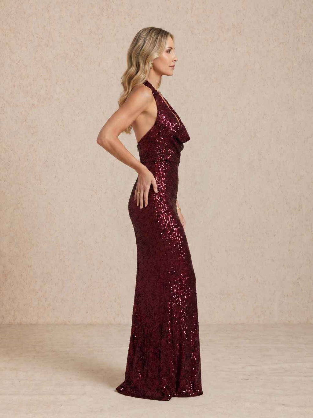 Long sequined dress with a halter neckline
