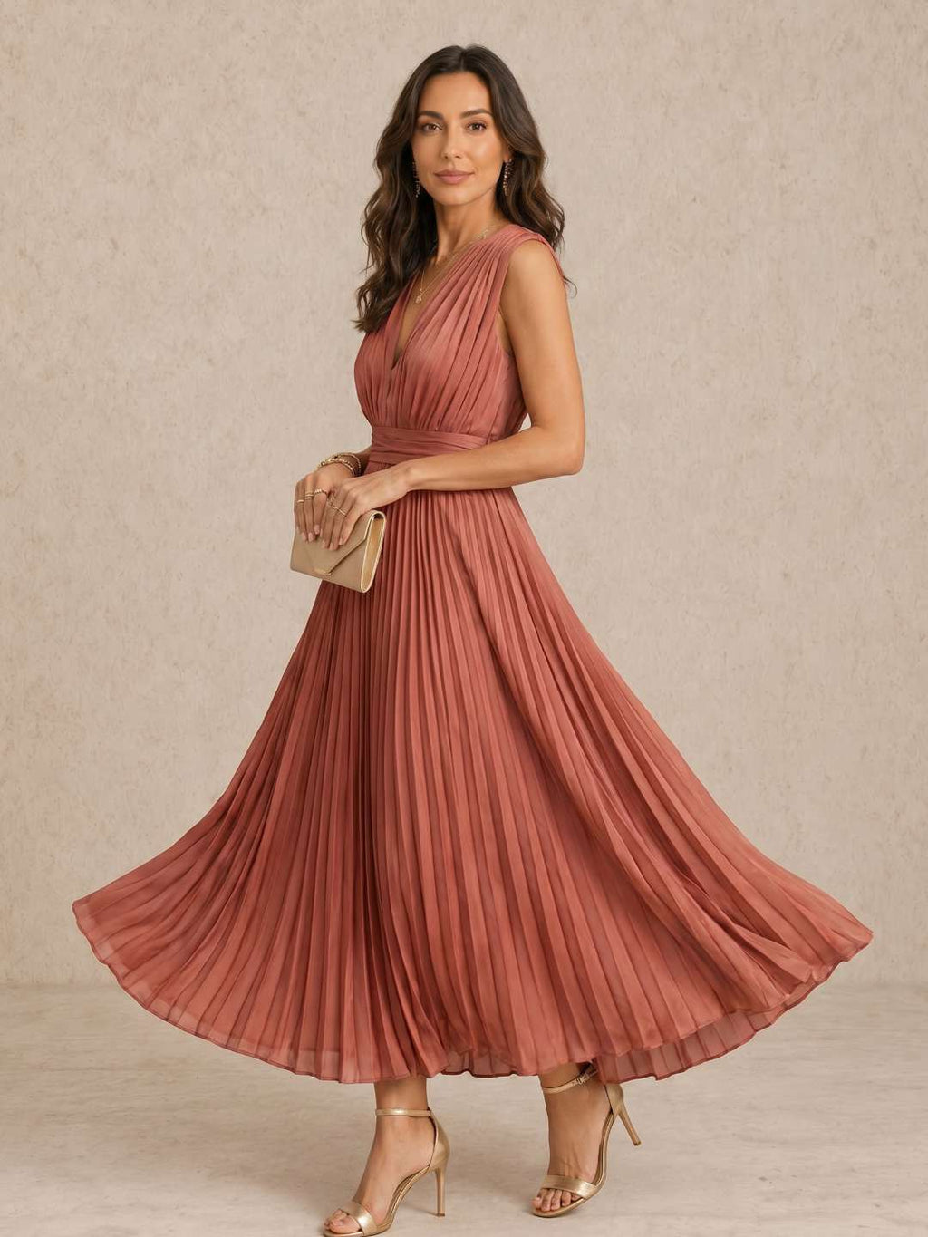 Pleated midi dress with a V-neckline