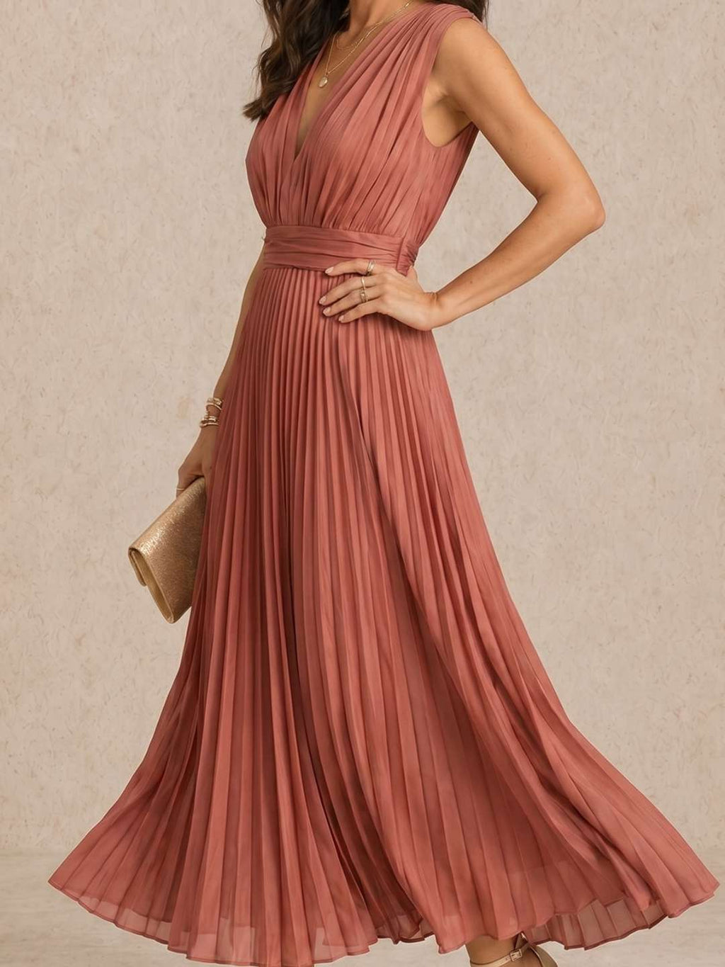 Pleated midi dress with a V-neckline