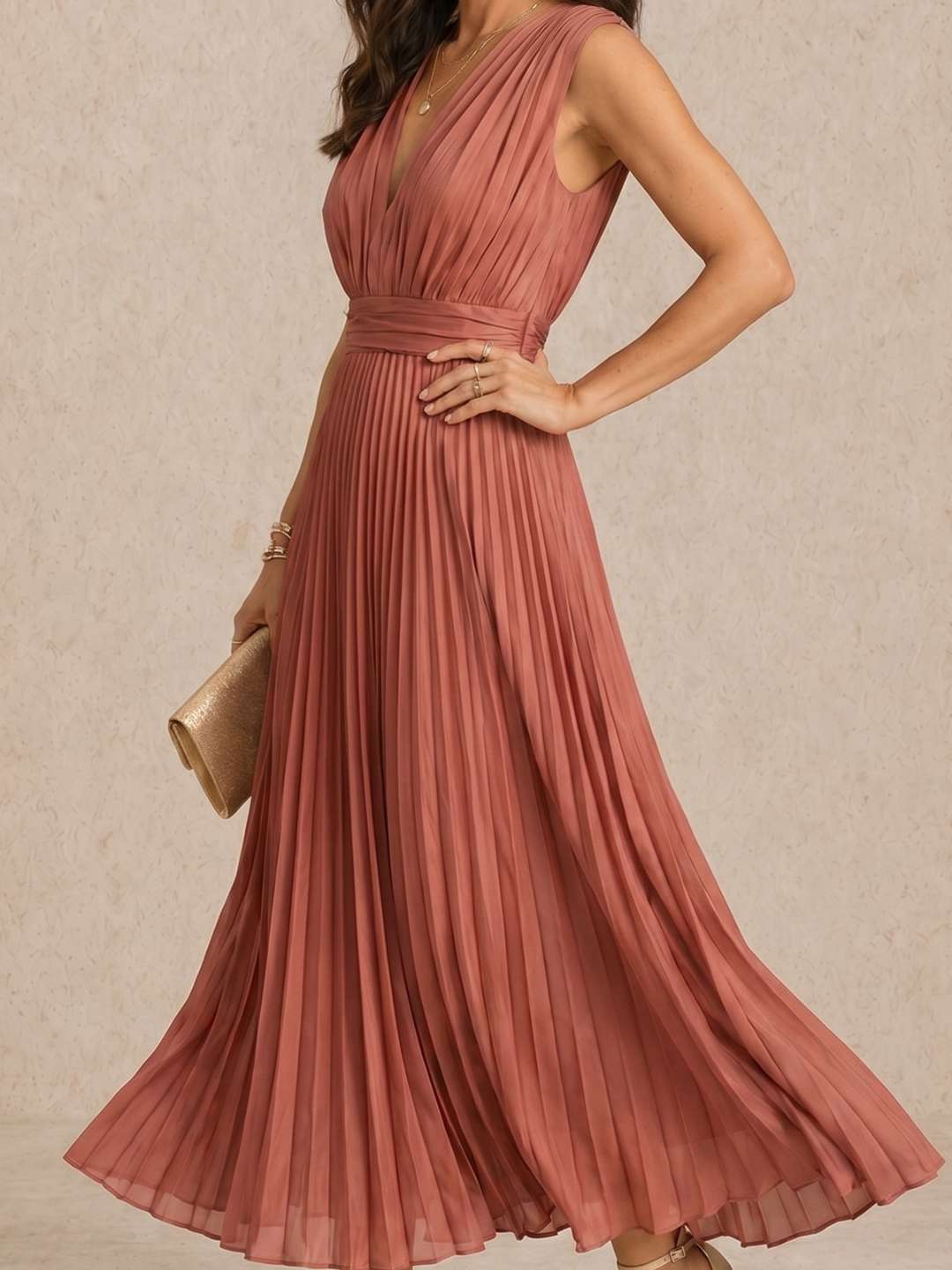 Pleated midi dress with a V-neckline