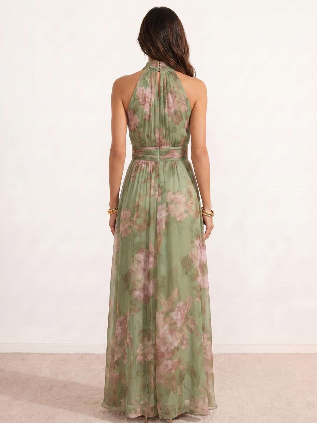 Long halter-neck maxi dress with floral print