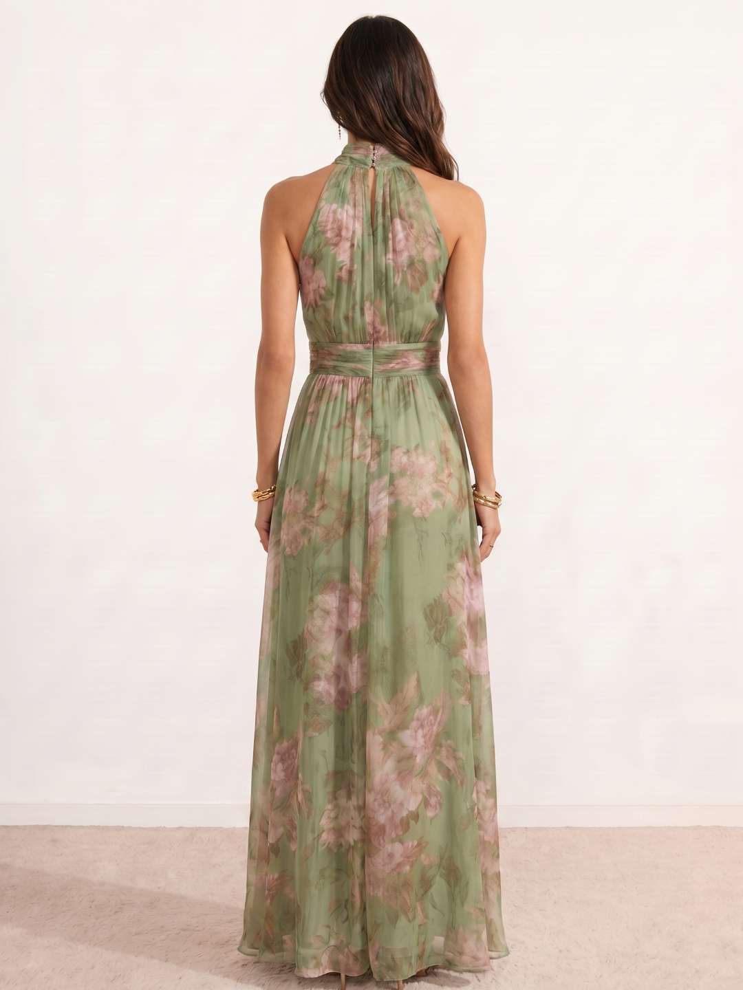 Long halter-neck maxi dress with floral print