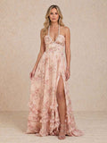Long halter-neck dress with slit