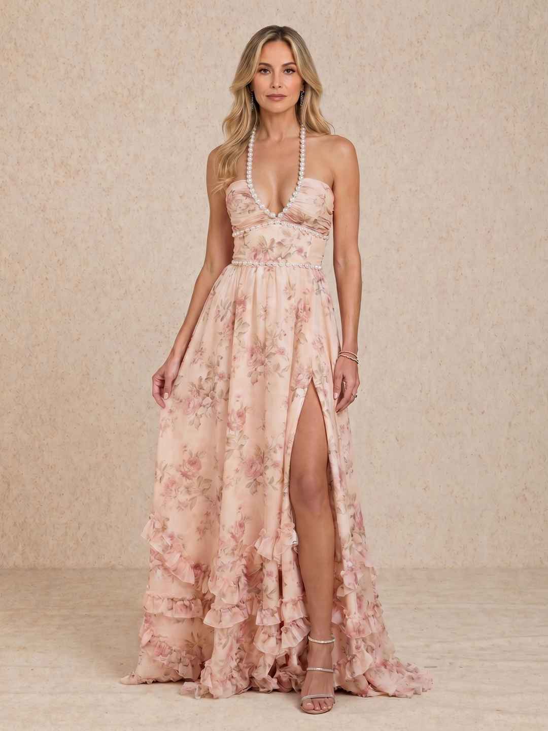 Long halter-neck dress with slit