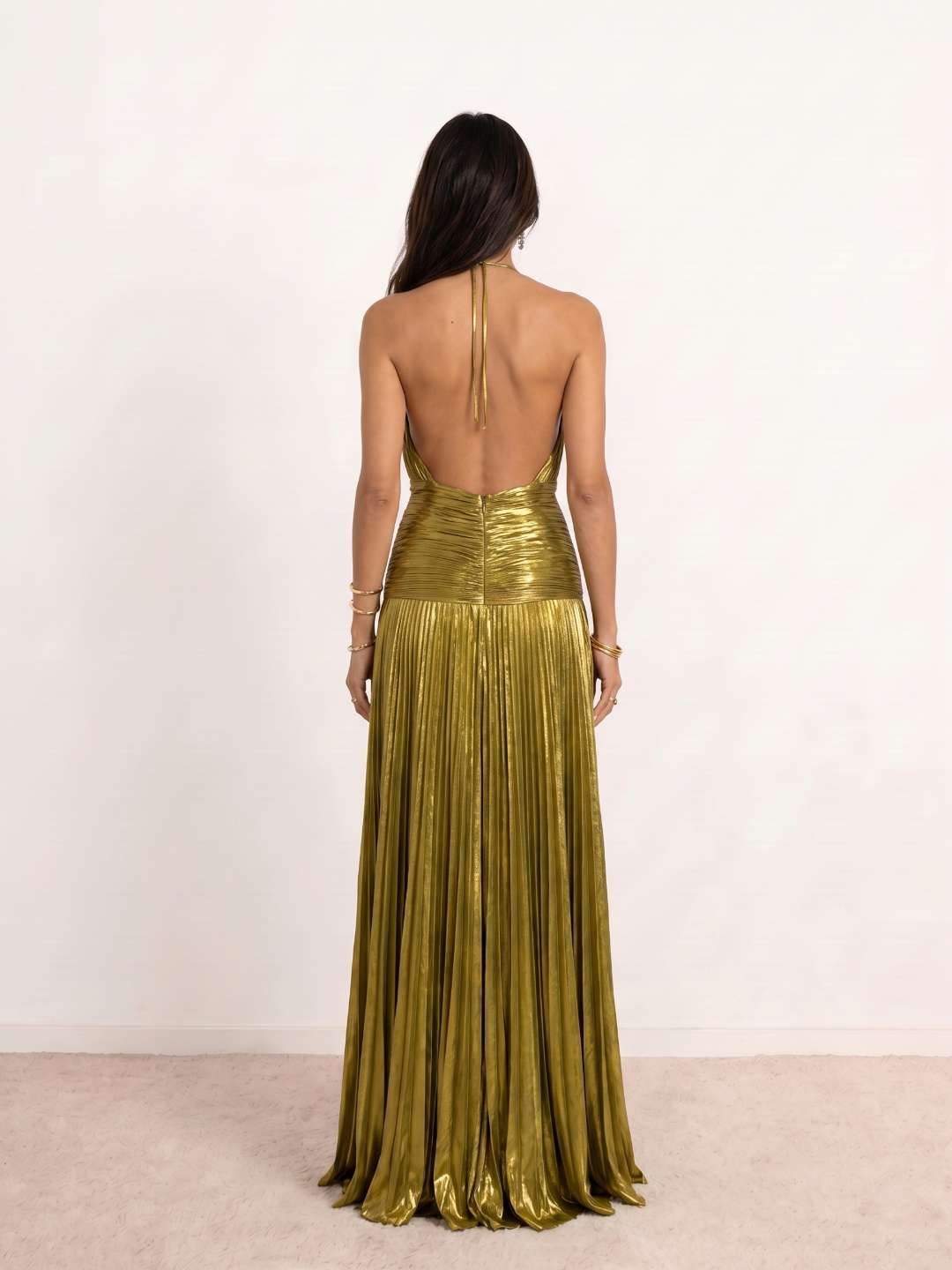 Long pleated halter-neck dress