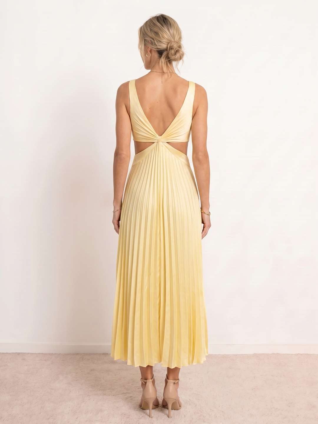 Pleated midi dress with a V-neckline