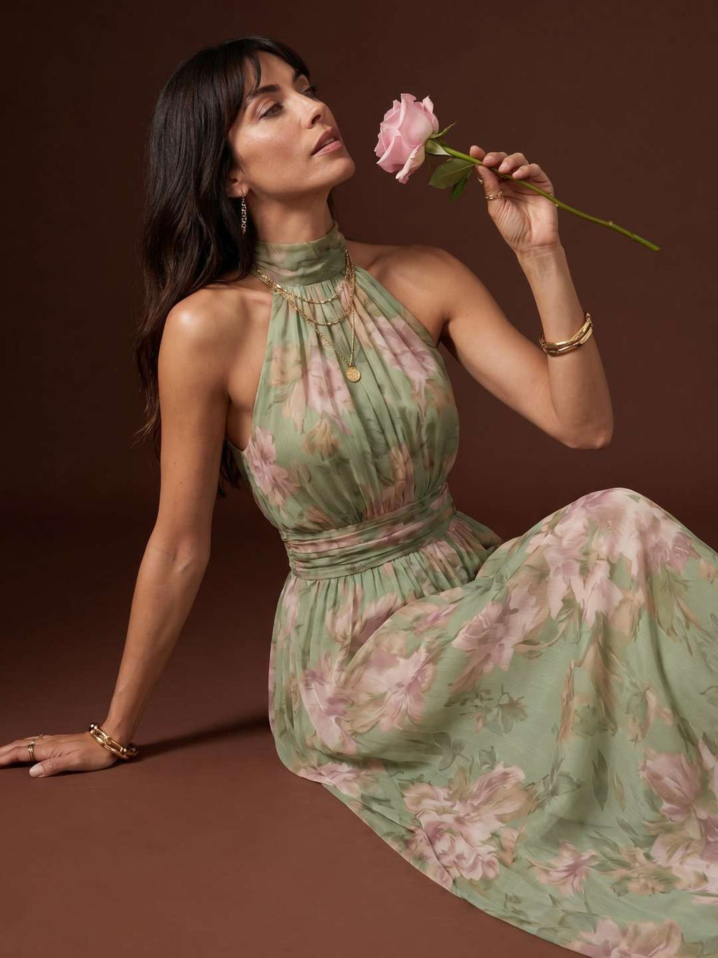Long halter-neck maxi dress with floral print
