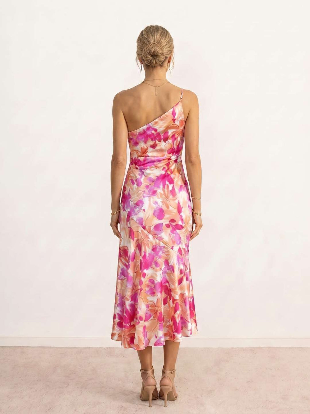 Printed midi dress with an asymmetric neckline