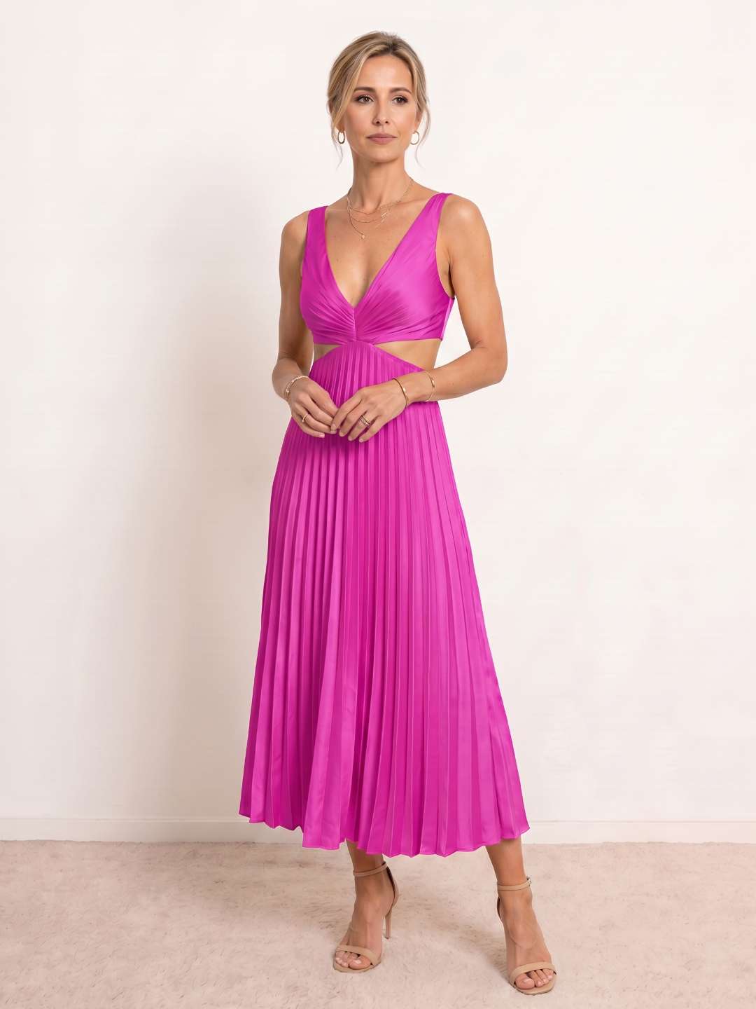 Pleated midi dress with a V-neckline