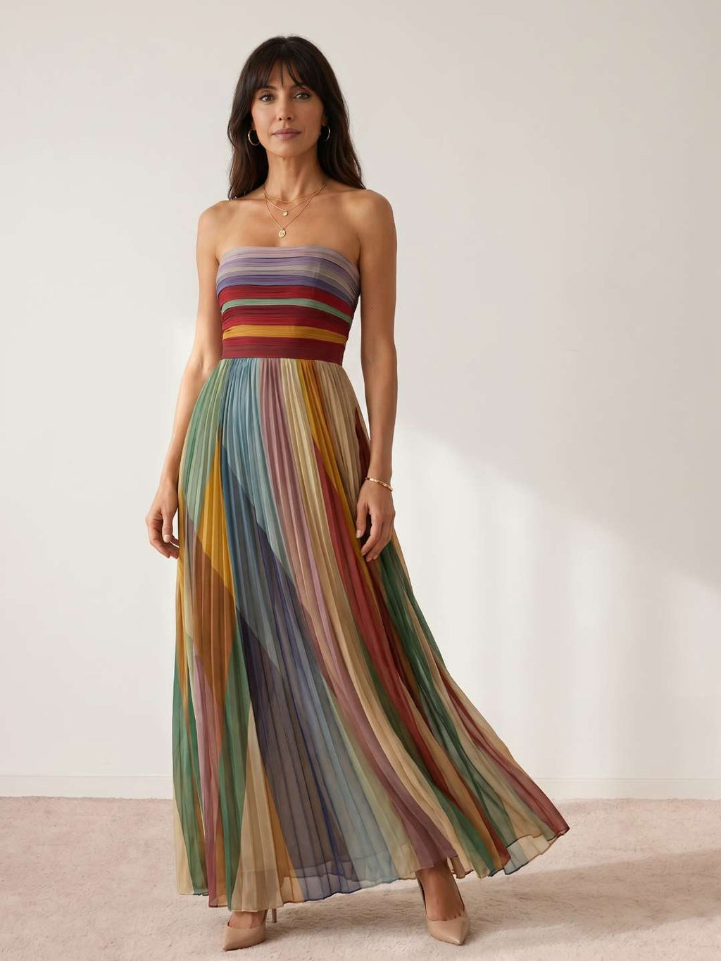 Multicolored pleated maxi dress